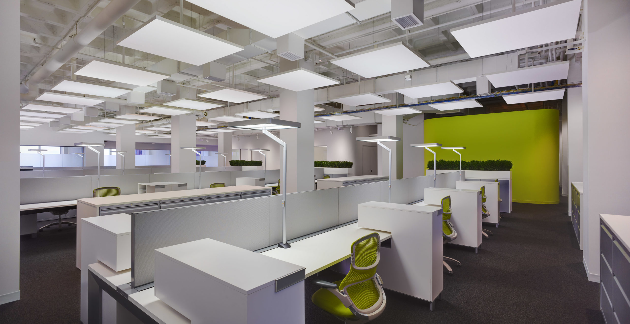 modern office cubicles with lights created by US lighting consultants