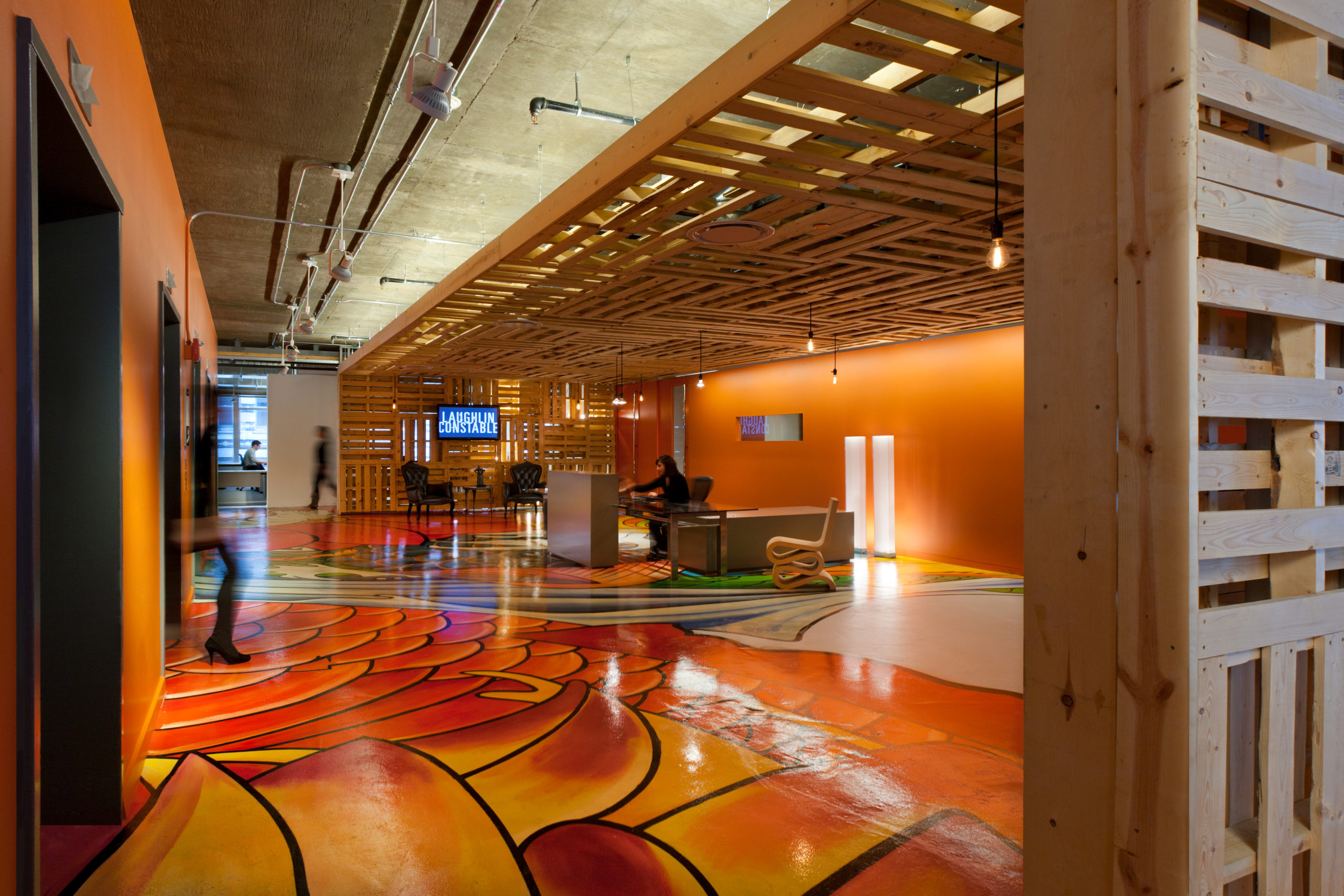 office with painted floor and architectural lighting